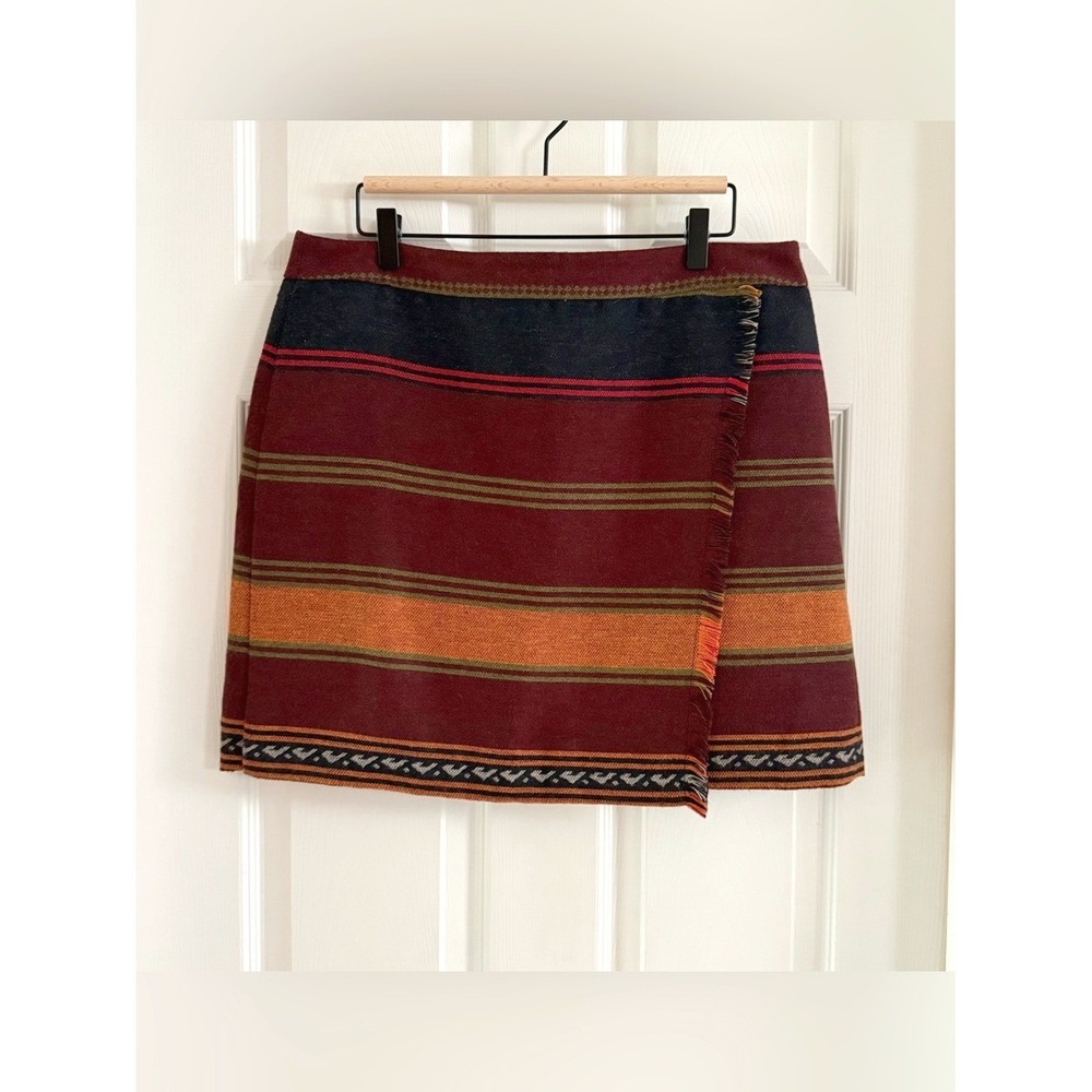 Loft Womens Burgundy Striped Faux Wrap Fringed Wool Blend Mini Skirt Size 14